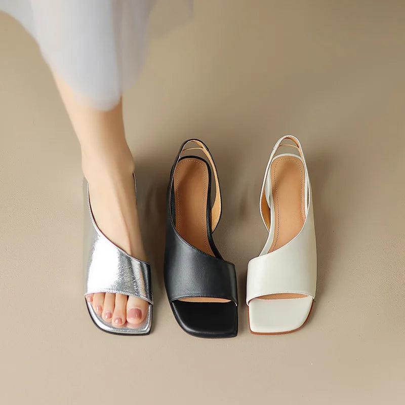 Phoentin elegant desigen Genuine leather open toe sandals 2024 summer woman 5cm mid heels party shoes silver black beige FT3533