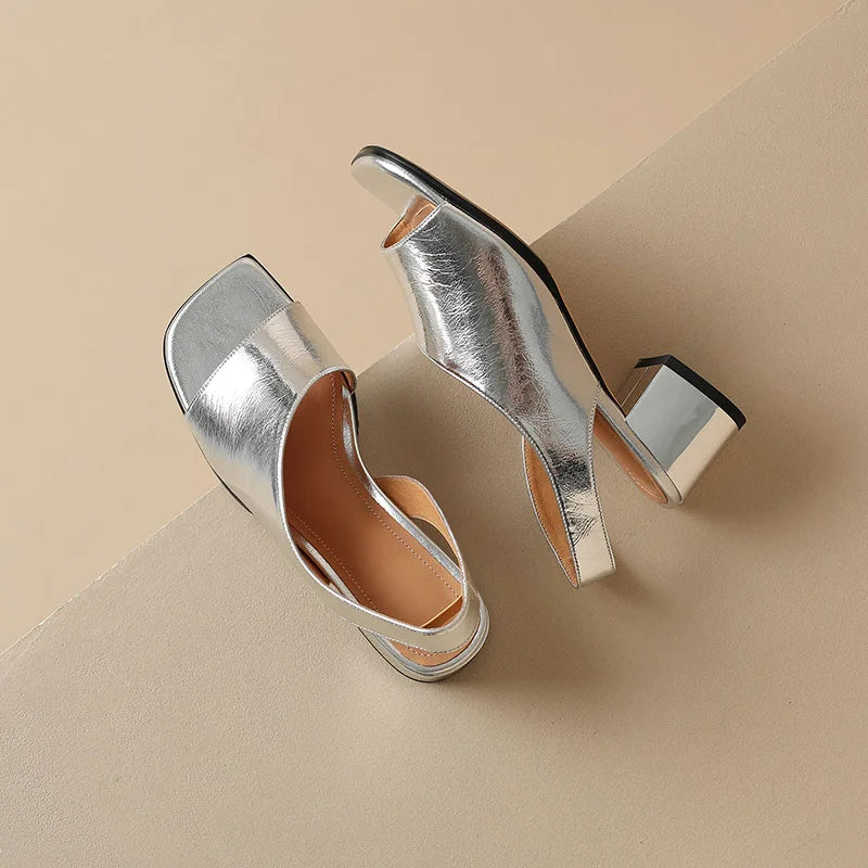 Phoentin elegant desigen Genuine leather open toe sandals 2024 summer woman 5cm mid heels party shoes silver black beige FT3533