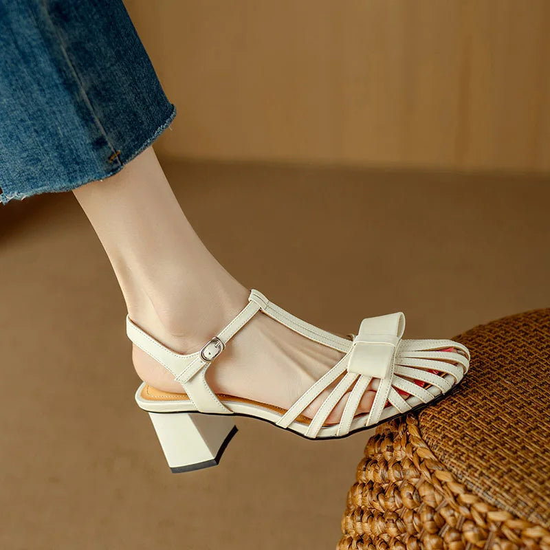 Phoentin elegant desigen Genuine leather open toe sandals 2024 summer woman 5cm mid heels party shoes silver black beige FT3533