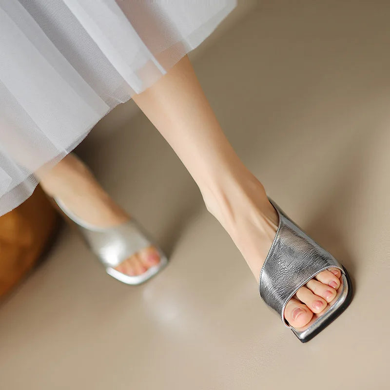 Phoentin elegant desigen Genuine leather open toe sandals 2024 summer woman 5cm mid heels party shoes silver black beige FT3533