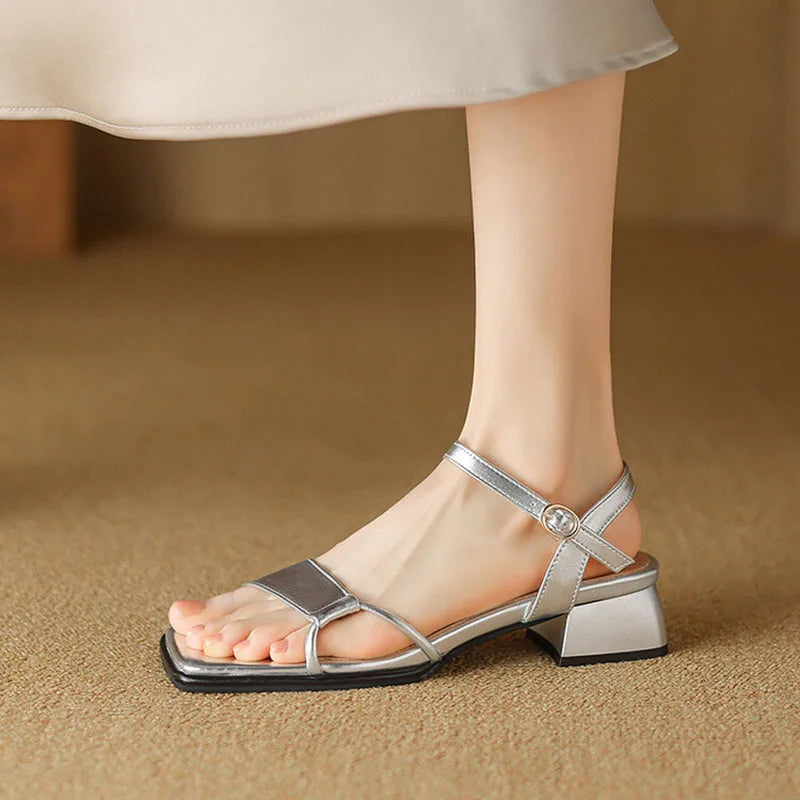 Phoentin 2024 Summer Sandals For Women Concise Designer Shoes Hollow Out Open Toe Slingbacks Low Heeled Silver Beige FT3637